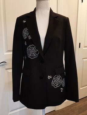 Karl Lagerfeld Paris Black Floral Embellished Blazer Size 4 Beaded Rose Jacket